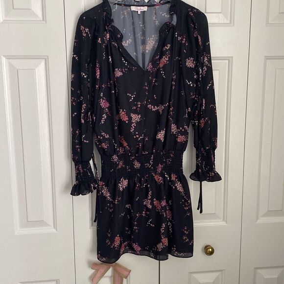 Parker Floral Plum Blossom Smocked Waist Dress Tie Neck Elastic XS - Picture 2 of 9